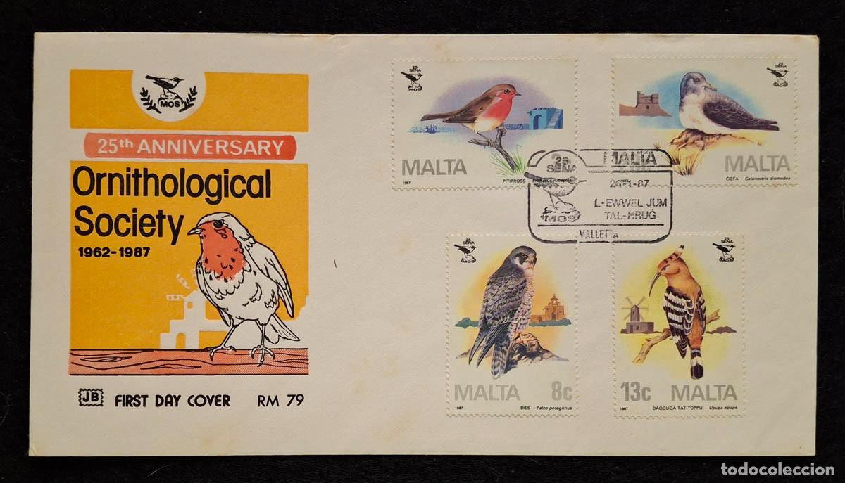 Sellos: Primer d&iacute;a (FDC) de Malta de 1987, que conmemora el 25 aniversario de Sociedad Ornitol&oacute;gica Maltesa