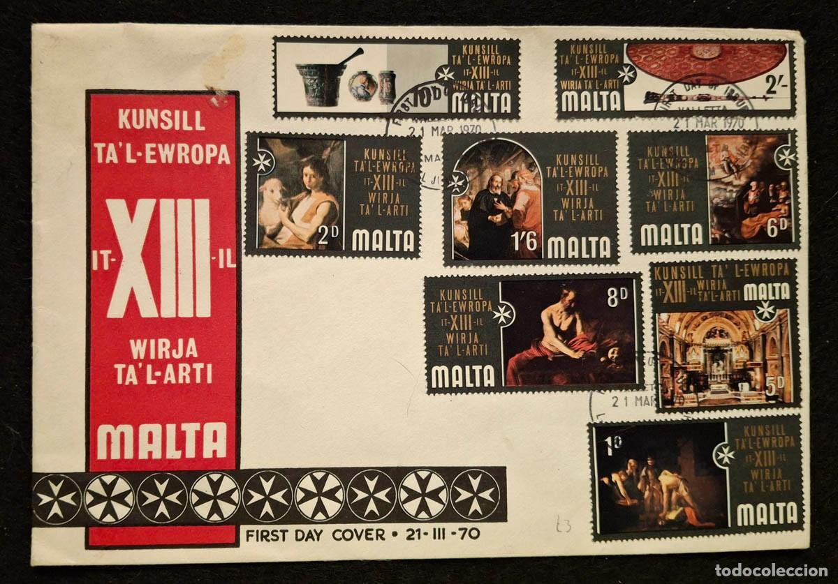 Timbres: Primer d&iacute;a (FDC) de Malta, fechado el 21 de marzo de 1970, 13&ordf; Exposici&oacute;n de Arte Consejo de Europa