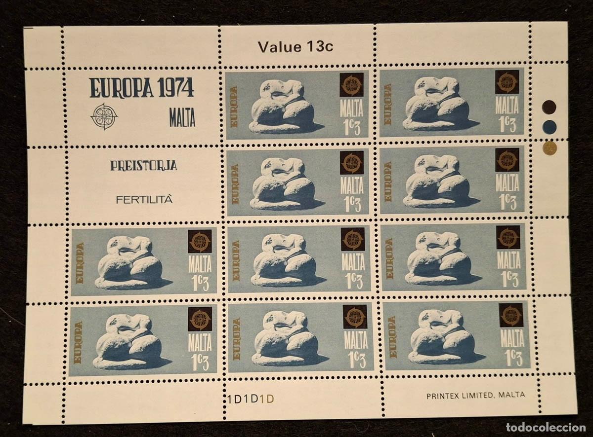 Briefmarken: Malta, hoja de sellos emitidos en 1974 como parte de la serie Europa CEPT