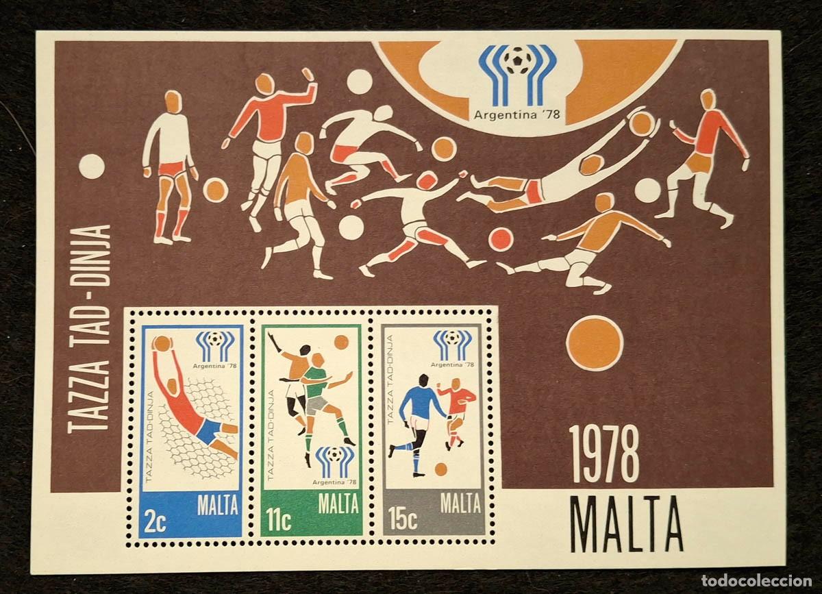 Sellos: Hoja bloque filat&eacute;lica de Malta emitida en 1978 para conmemorar la Copa Mundial de F&uacute;tbol Argentina