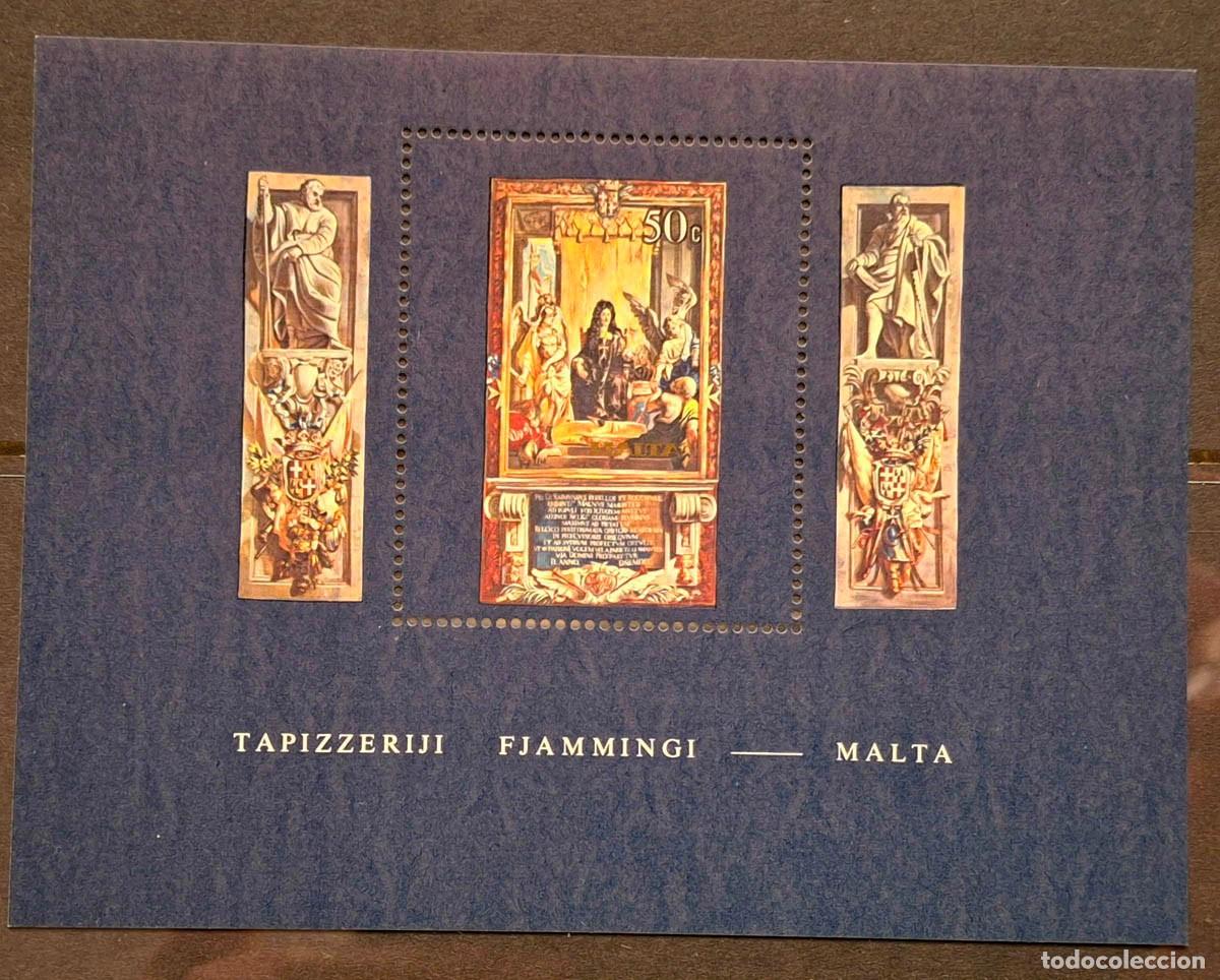 Sellos: Hoja bloque de sellos de Malta emitida en 1980 con tem&aacute;tica de arte y tapices flamencos