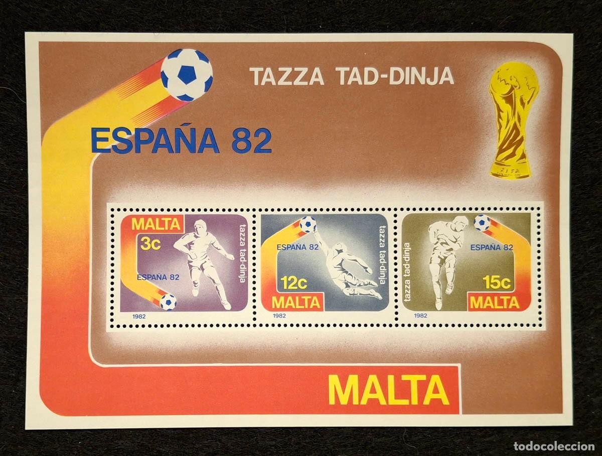 Selos: Hoja bloque de Malta emitida en 1982 para conmemorar la Copa Mundial de F&uacute;tbol en Espa&ntilde;a