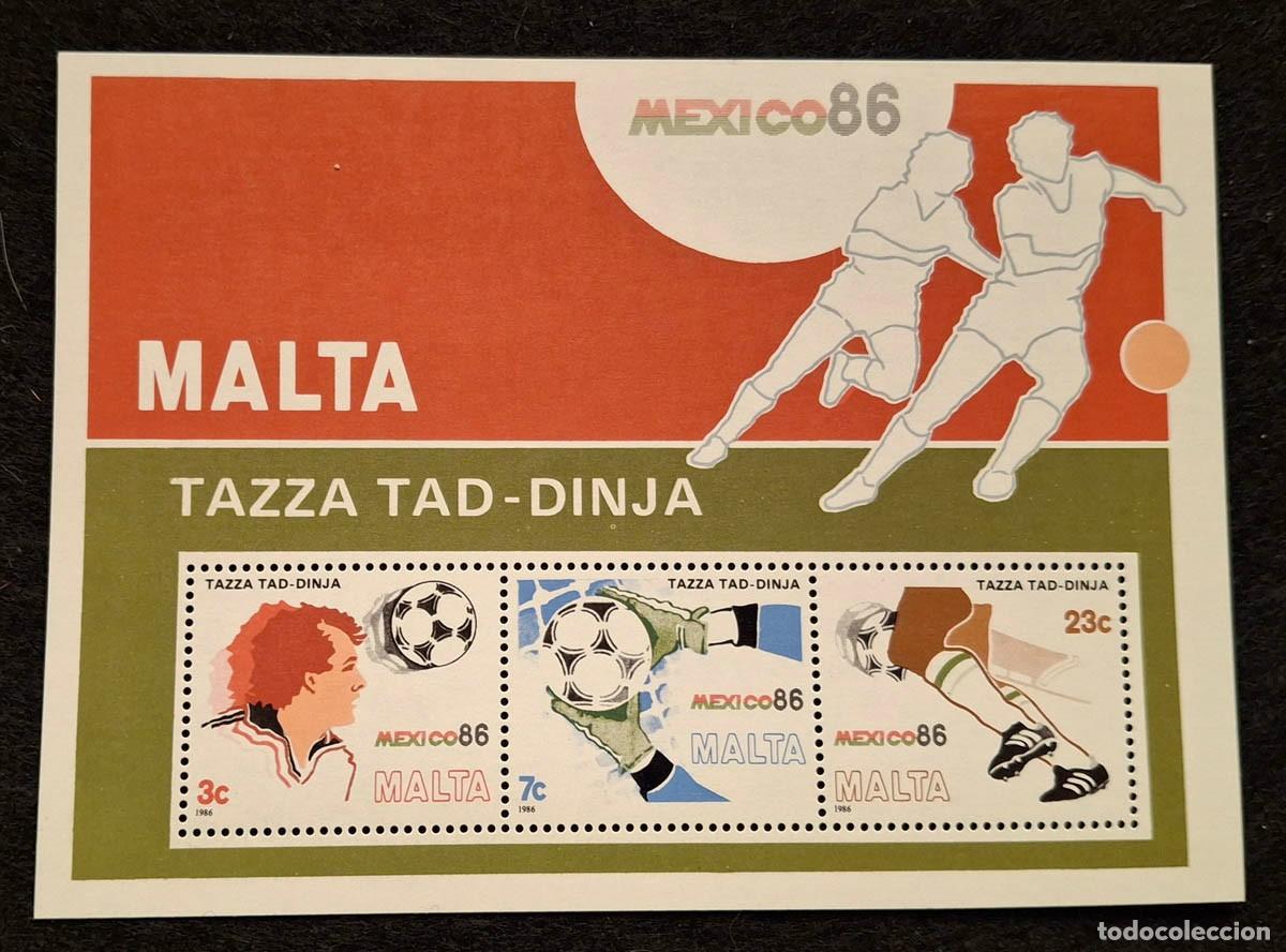 Sellos: Hoja bloque de Malta emitida en 1986 para conmemorar la Copa Mundial de F&uacute;tbol en M&eacute;xico