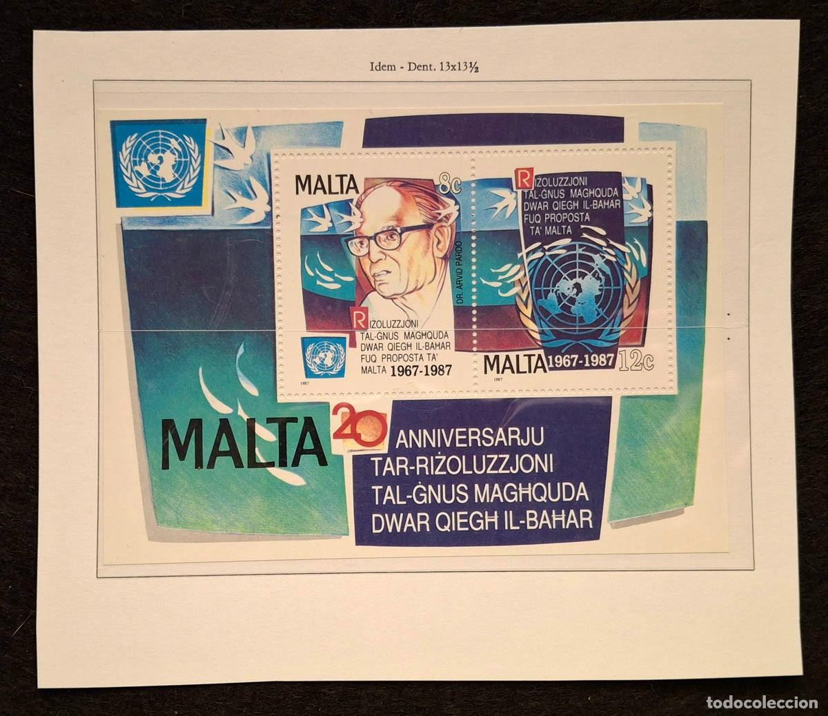 Selos: Hoja bloque emitida por Malta en 1987, 20&ordm; aniversario de la resoluci&oacute;n de la ONU sobre el uso pac&iacute;f