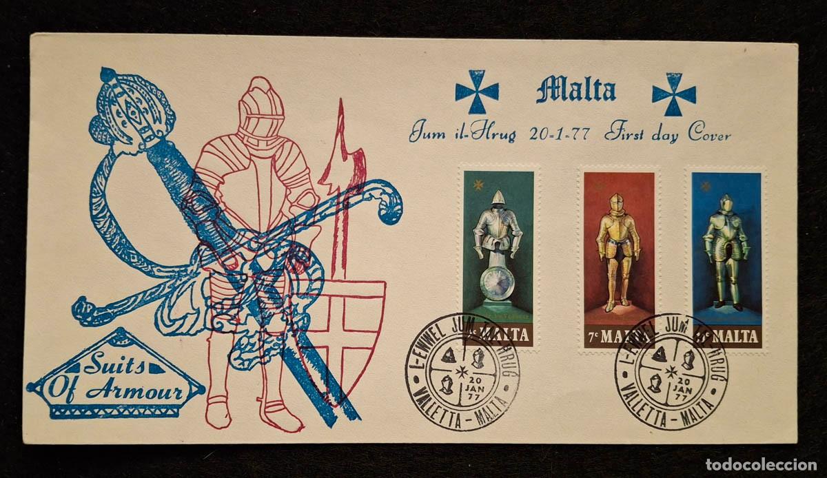 Sellos: Primer d&iacute;a de emisi&oacute;n (&rdquo;First Day Cover&rdquo;) de Malta, fechado el 20 de enero de 1977