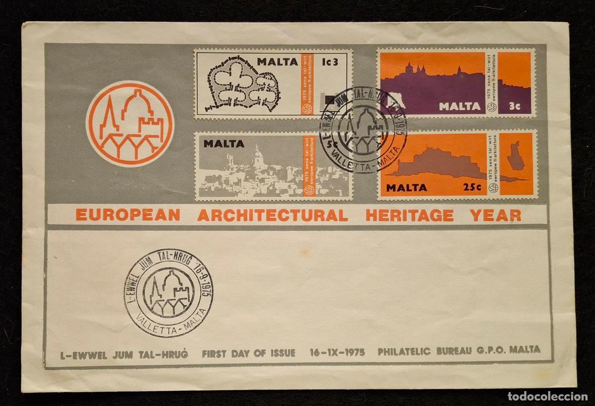 Sellos: Primer d&iacute;a emisi&oacute;n oficial de Malta de 1975 celebrando el A&ntilde;o del Patrimonio Arquitect&oacute;nico Europeo
