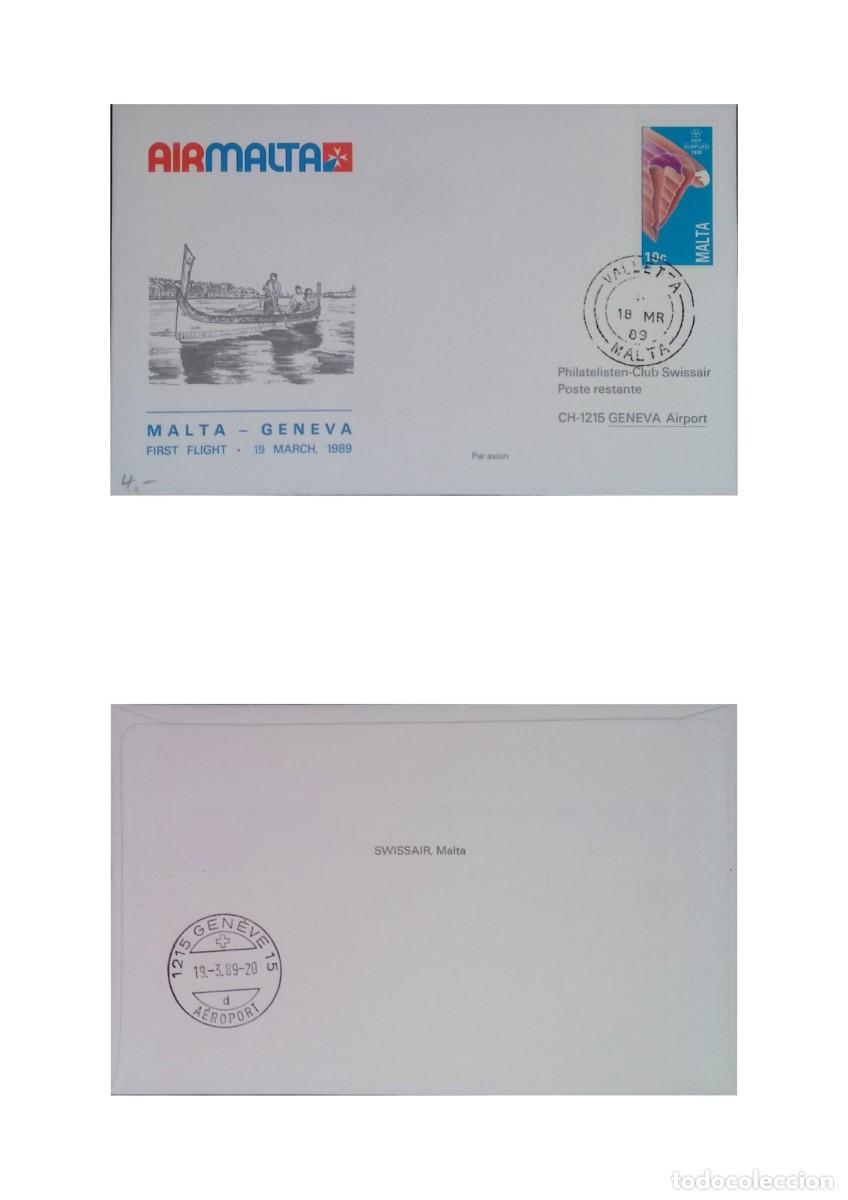 Sellos: O) 1989 MALTA, SUMMER OLYMPICS SEOUL, SPORT - WOMEN&acute;S DIVING, AIR MALTA, FIRST FLIGHT MALTA -GENEV