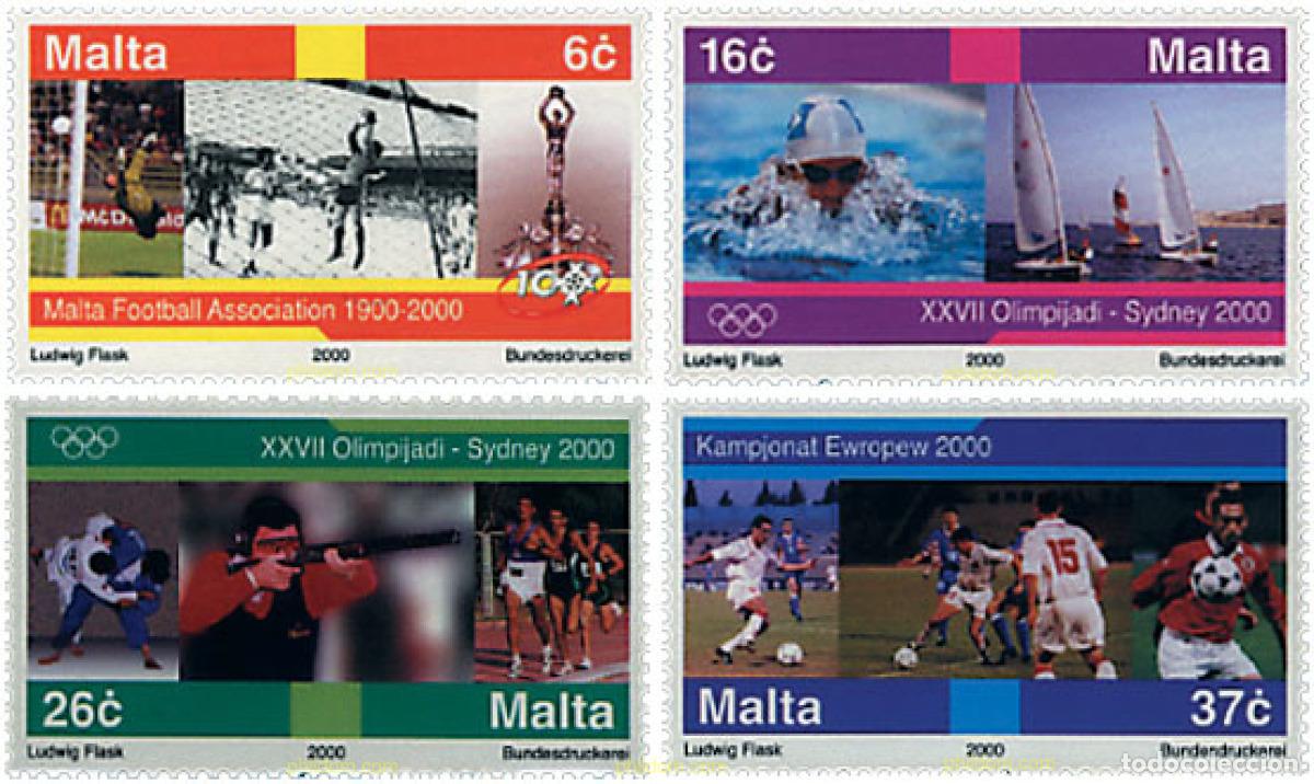 Sellos: 67739 MNH MALTA 2000 100 ANIVERSARIO DE LA ASOCIACION DE FUTBOL MALTESA - 27 JUEGOS OLIMPICOS VERAN