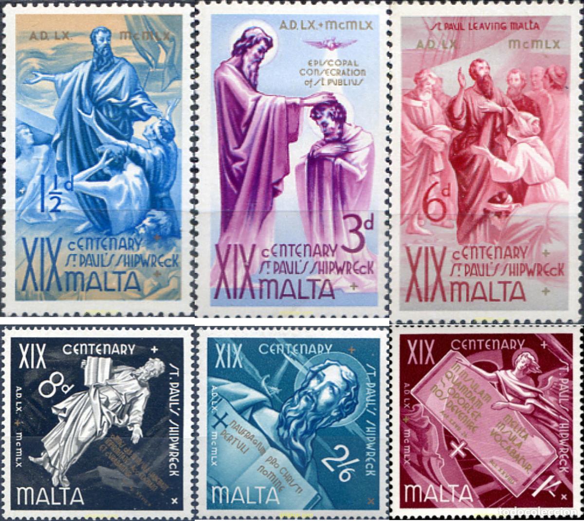 Sellos: 163796 MNH MALTA 1960 19 CENTENARIO DEL NAUFRAGIO DE SANT PAUL DE LAS COSTAS DE MALTA