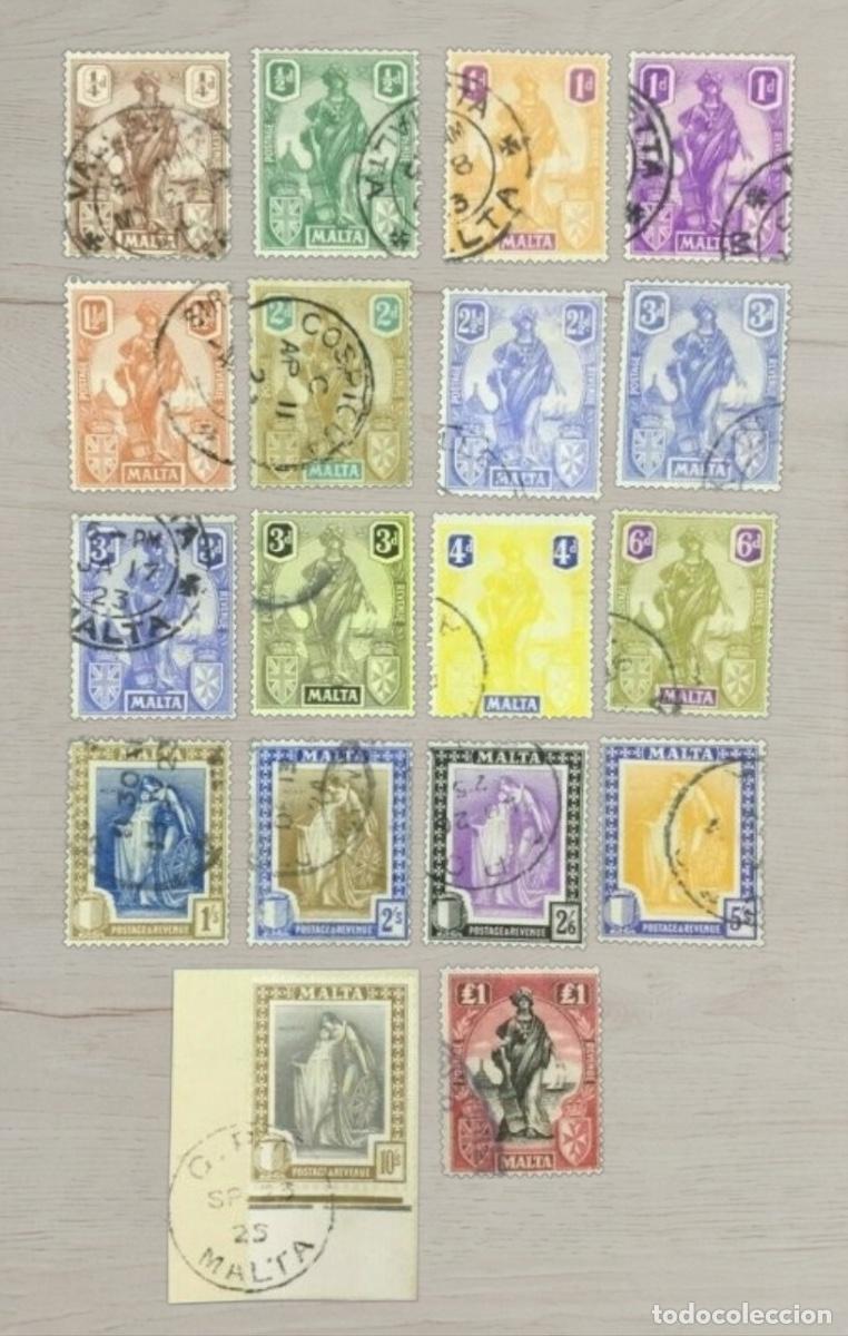 Sellos: MALTA 1922 Allegorical &rdquo;Melita&rdquo; Set &ndash; 18 Premium Stamps / Rare 10s & &pound;1 Top Values / Used