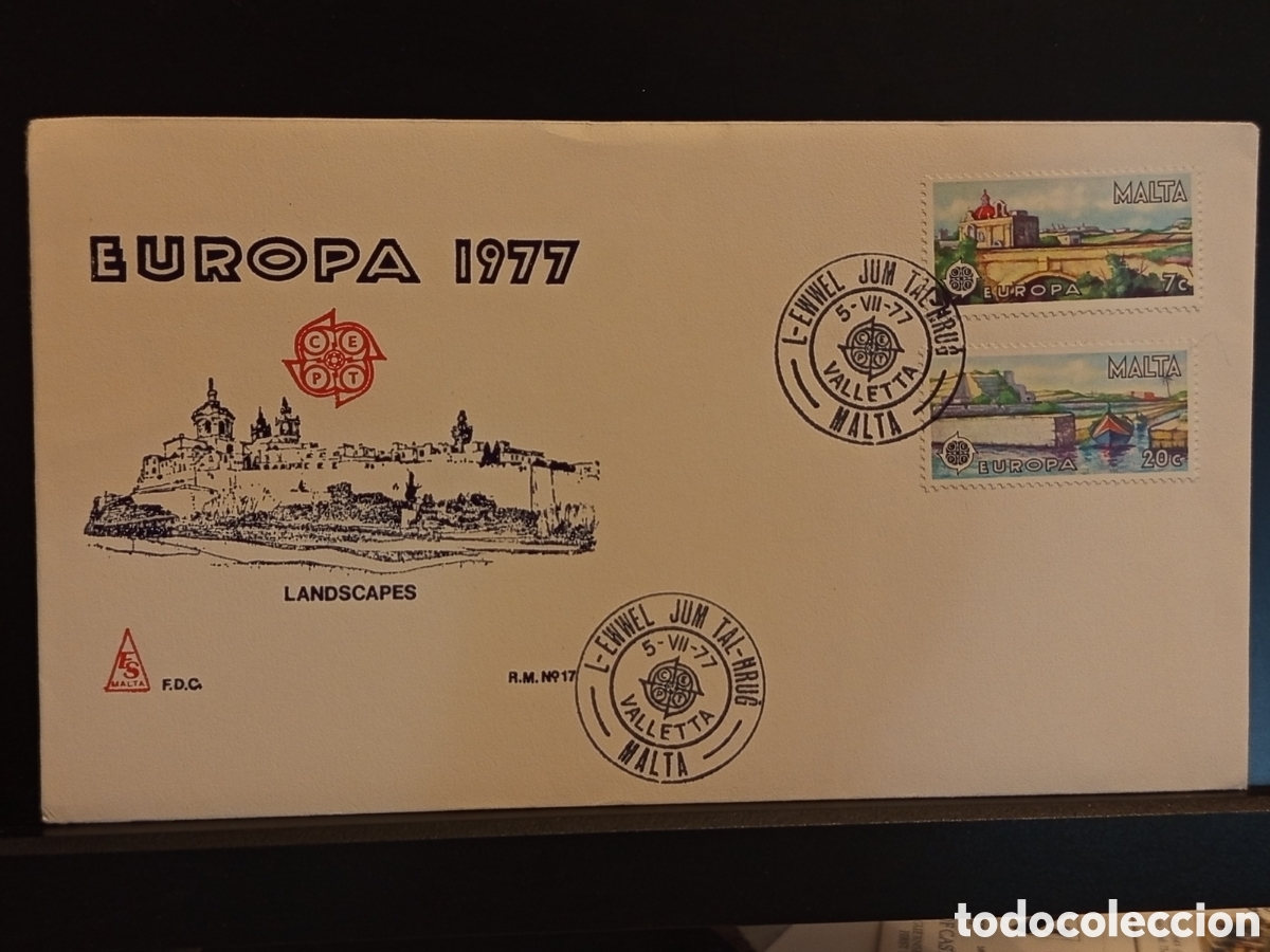 Sellos: &rdquo;FDC Malta 1977 - Europa CEPT Landscapes - Valletta - 2 sellos completo&rdquo;