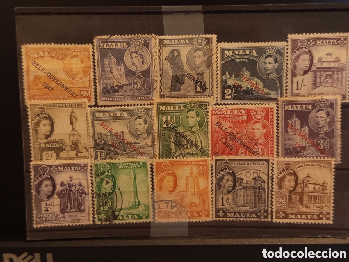 Sellos: Tarjeta con Lote de 15 Sellos Cl&aacute;sicos de Malta (A&ntilde;os 1947-1956)