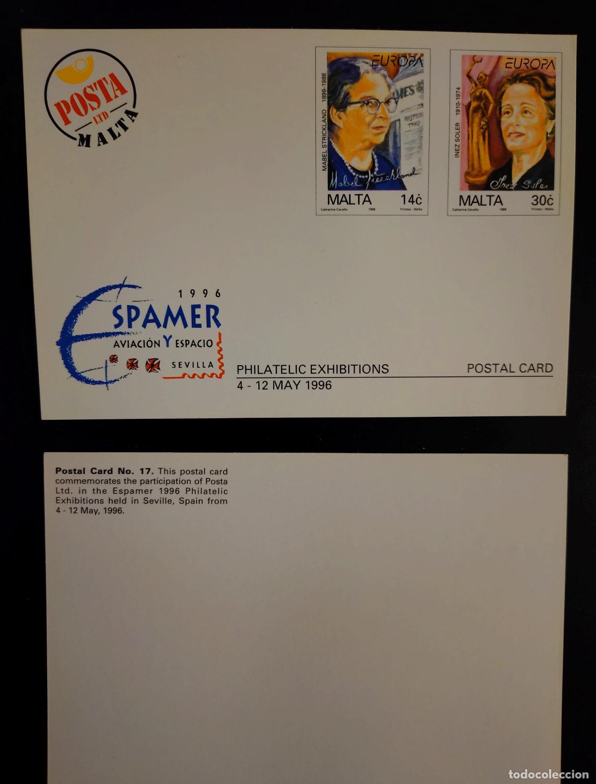 Sellos: Malta postal completa tarjeta Espamer 1996 CEPT Sevilla Europa Mabel Strickland