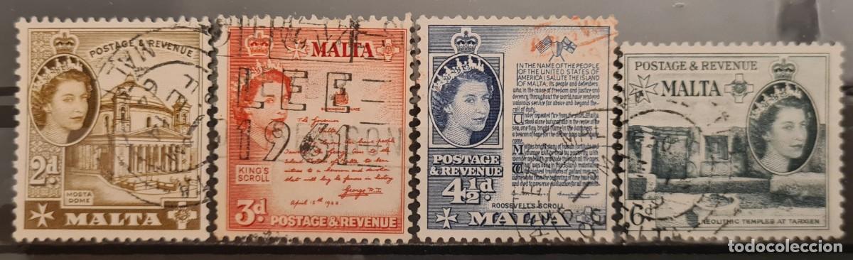 Stamps: Serie de sellos usados de Malta 1956: Isabell II en medall&oacute;n con fondos diversos