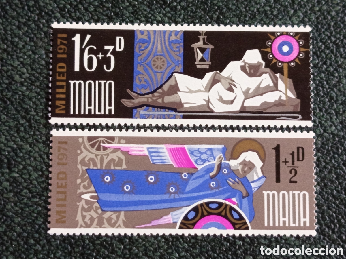 Sellos: Malta 1971 Navidad (Milied 1971) Lote de 2 Sellos - SG #452, 454 / Yvert #416, 418 MNH