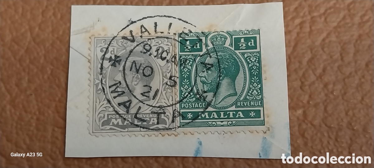Sellos: Fragmento Malta 1904 Pareja Sellos Eduardo VII &frac12;d Verde Cat. SG 38 y SG 41 Usado