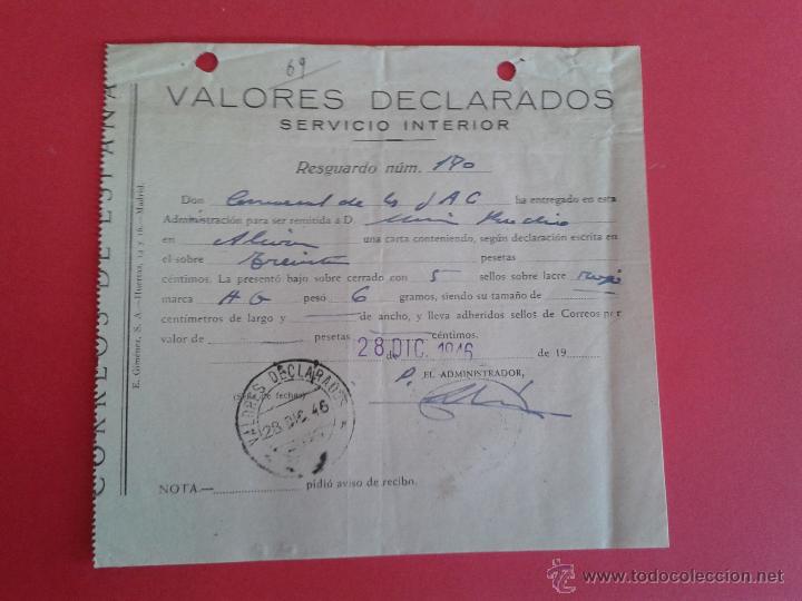 Sellos: DOCUMENTO. RESGUARDO VALORES DECLARADOS. 1946. - Foto 1