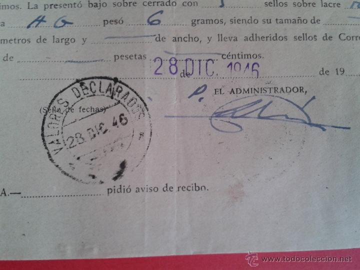 Sellos: DOCUMENTO. RESGUARDO VALORES DECLARADOS. 1946. - Foto 2