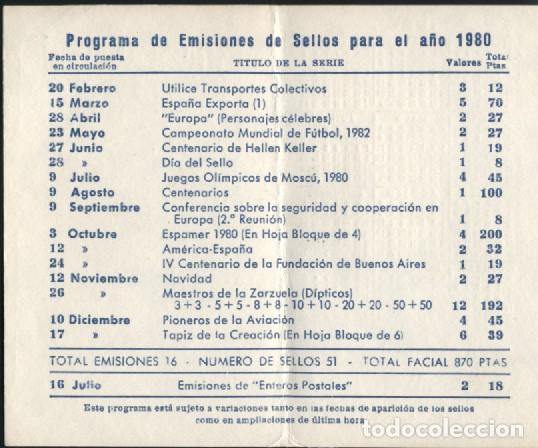 Sellos: PROGRAMA DE EMISIONES DE SELLOS PARA EL A&Ntilde;O 1980. A. OLEGARIO. - Foto 2