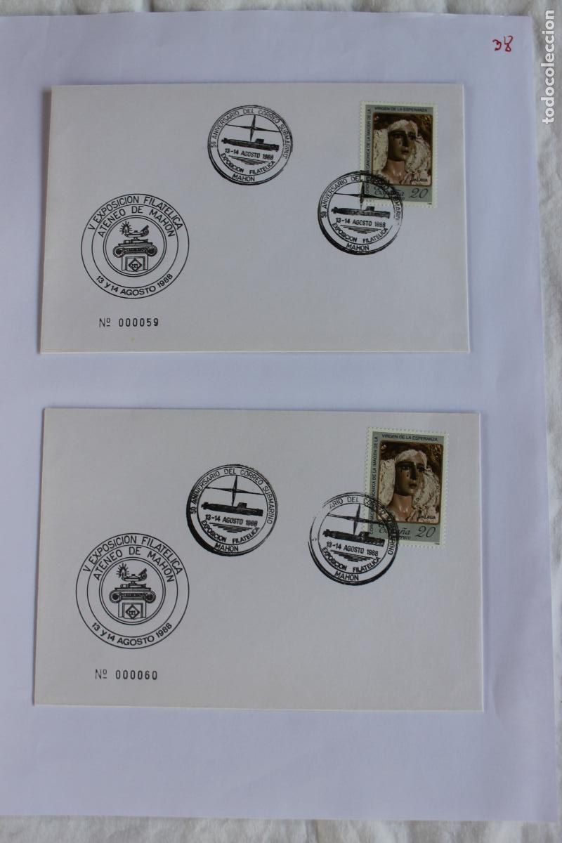 Sellos: 2 SOBRES Y SELLOS V EXPOSICION FILATELICA ATENEO DE MAHON 1988 NMERADOS SEGUIDOS