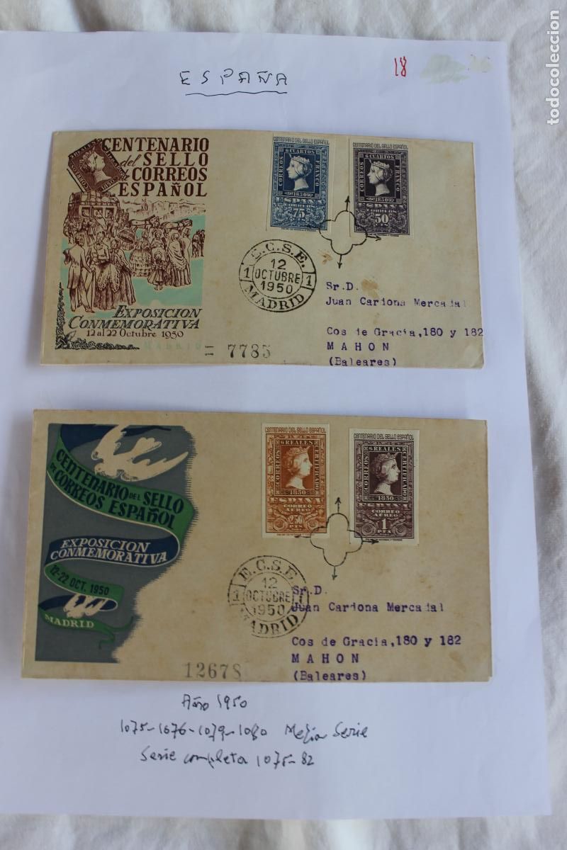 Sellos: 2 SOBRES Y SELLOS CENTENARIO DEL SELLO EXPOSICION CONMEMORATIVA 1950 DESTINO MAHON