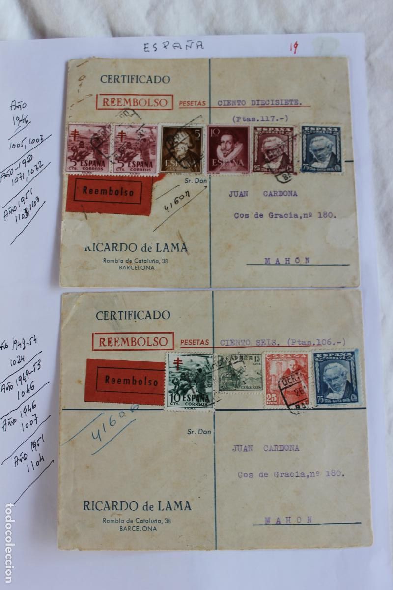 Sellos: 2 SOBRES Y SELLOS A&Ntilde;OS 1946,50,51,54,49,53 CERTIFICADO REEMBOLSO DIRIGIDAS A MAHON