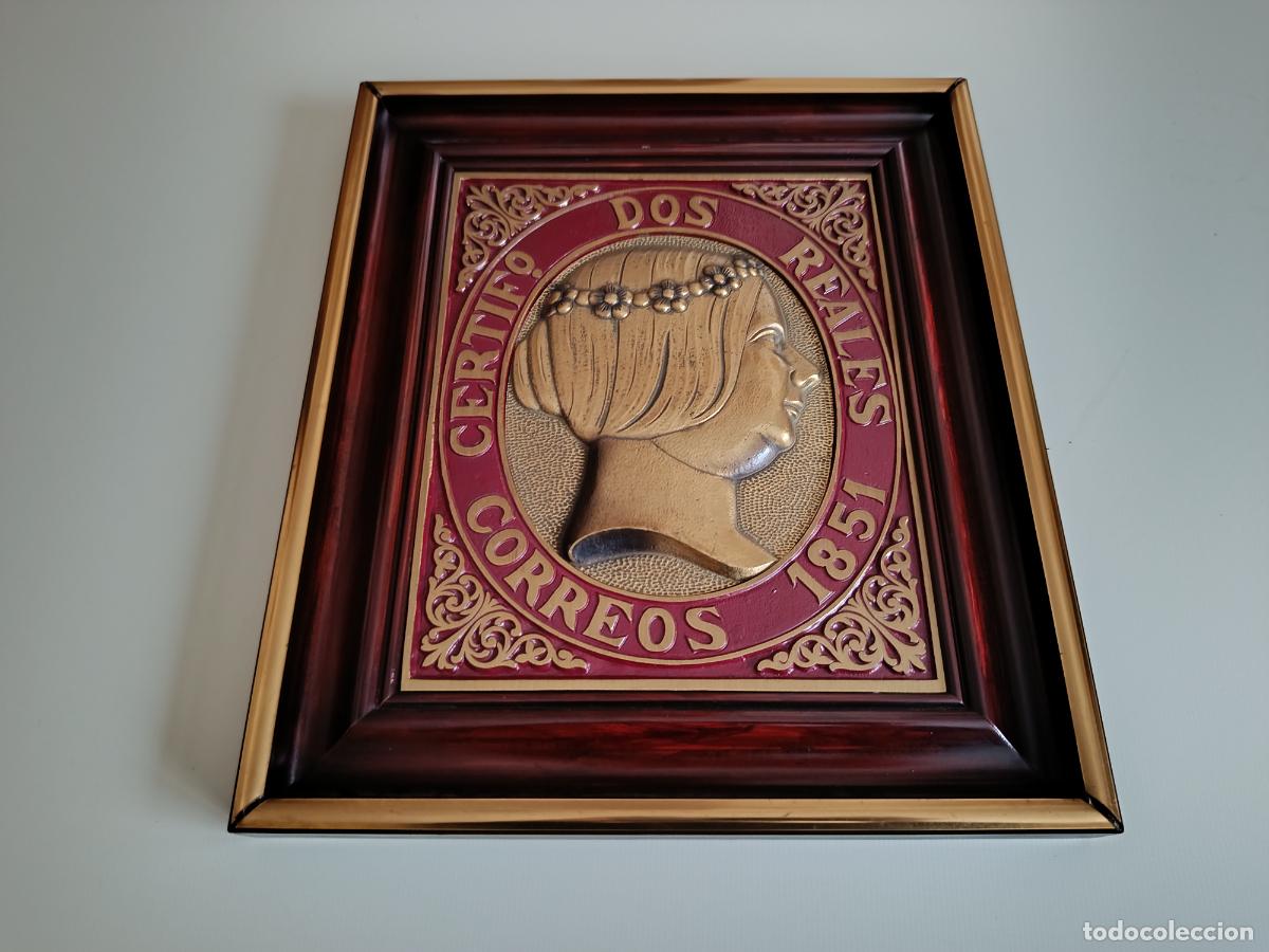 Sellos: CUADRO FILATELICO EN METAL CON RELIEVE - SELLO 2 REALES ROJO ANARANJADO ISABEL II 1851