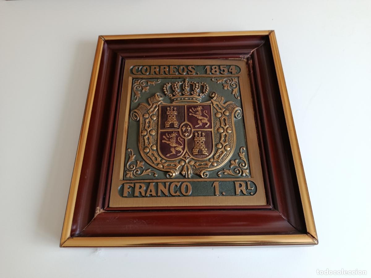 Sellos: CUADRO FILATELICO EN METAL CON RELIEVE - SELLO 1 REAL AZUL CLARO / OSCURO ESCUDO DE ESPA&Ntilde;A 1854