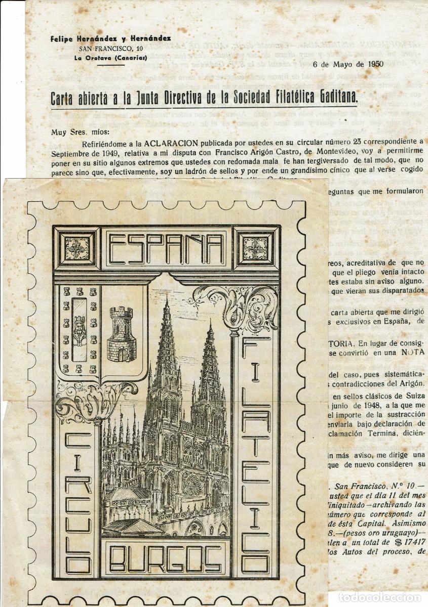 Sellos: Documentos filat&eacute;licos / Primera exposici&oacute;n de la Cabeza de Castilla / Burgos / Sdad. Gaditana