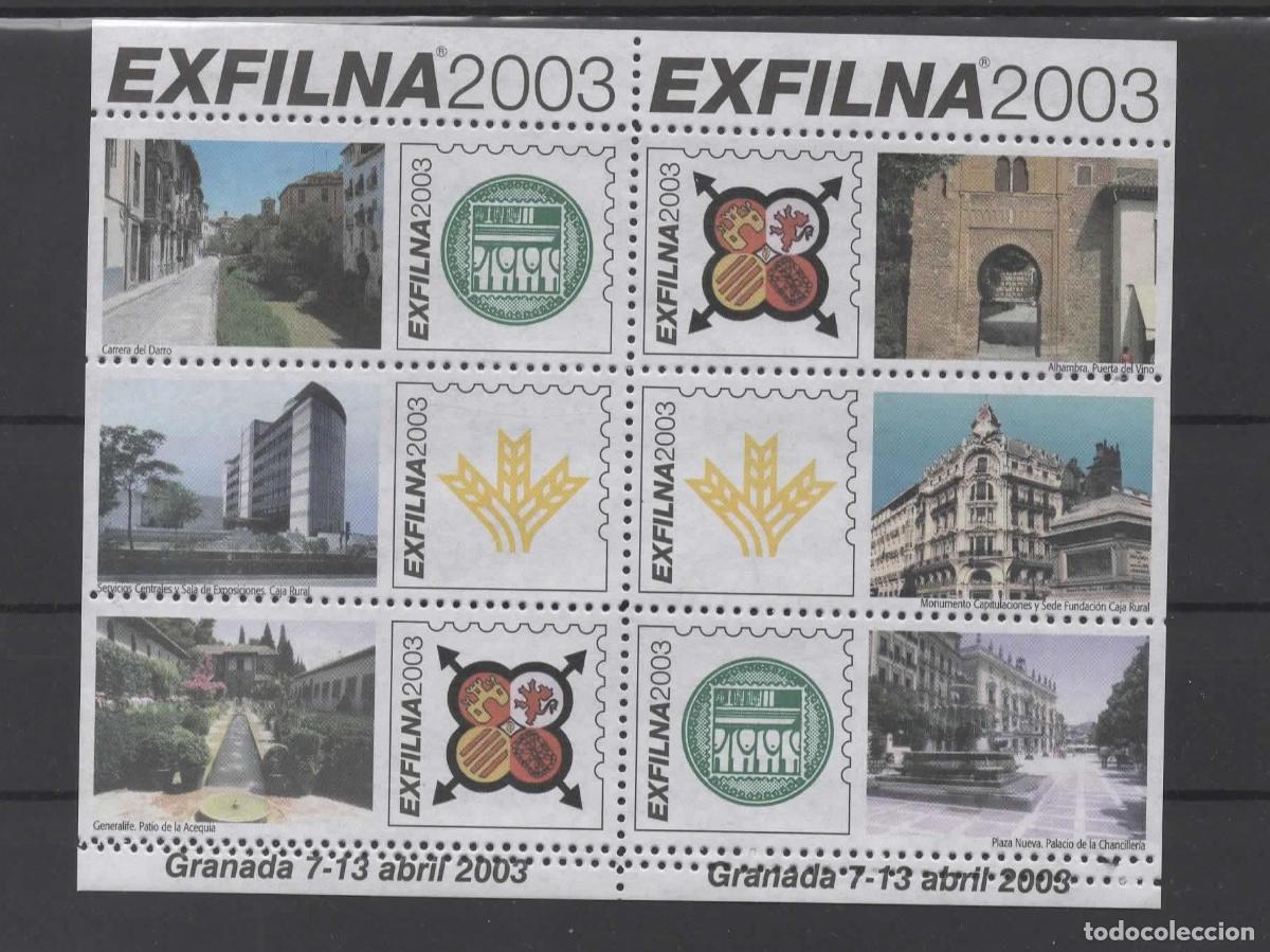 Sellos: ESPA&Ntilde;A EXFILNA 2003 GRANADA HOJITA CON VI&Ntilde;ETAS