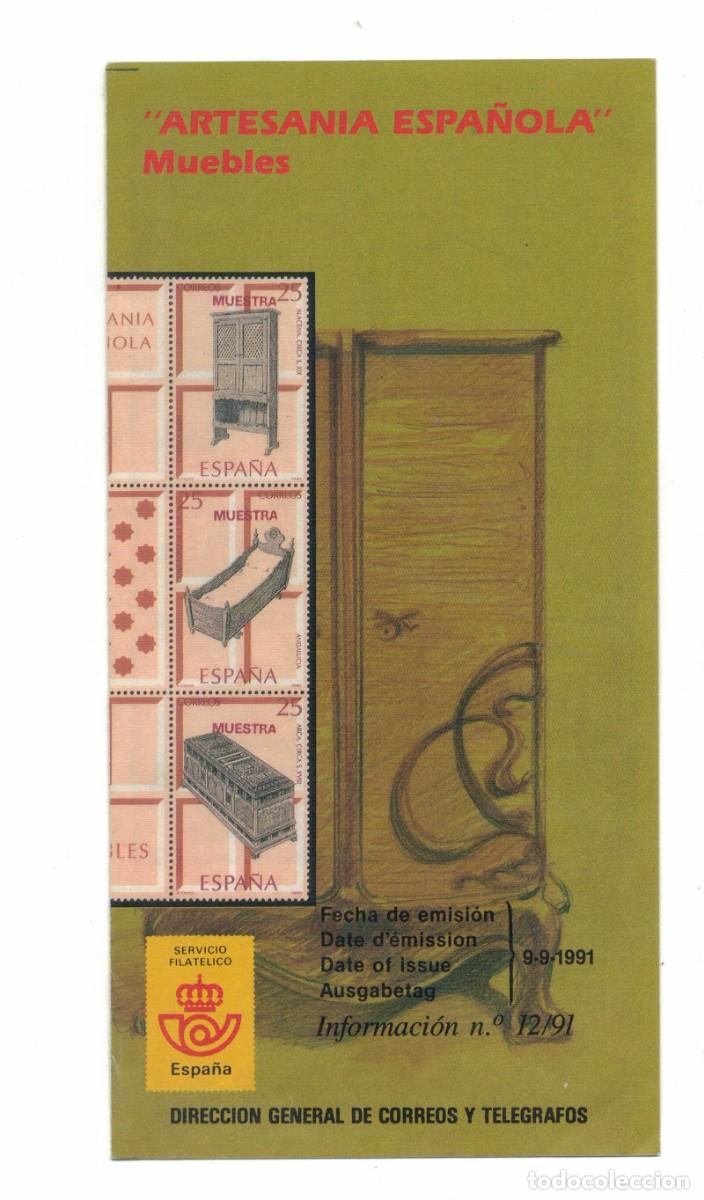 Sellos: D&iacute;ptico filat&eacute;lico Correos Espa&ntilde;a &ndash; Artesan&iacute;a Espa&ntilde;ola Muebles &ndash; Impresi&oacute;n sellos muestra 1991