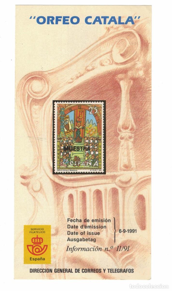 Sellos: D&iacute;ptico filat&eacute;lico Correos Espa&ntilde;a &ndash; Orfe&oacute; Catal&agrave; &ndash; Impresi&oacute;n sello muestra 25 pts &ndash; 1991