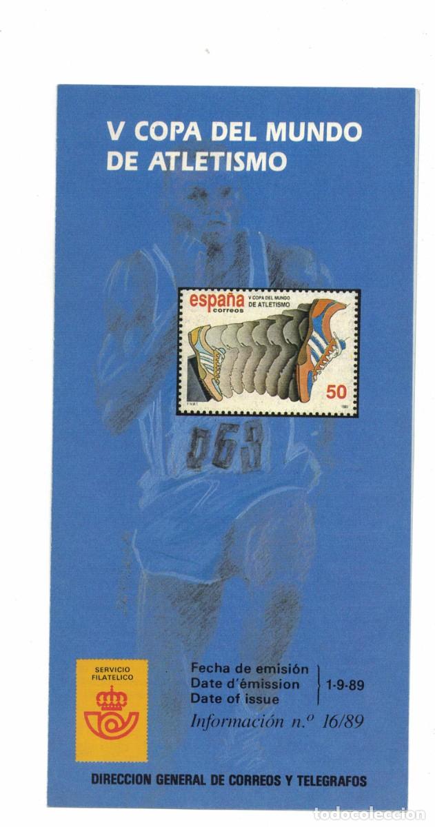 Sellos: D&iacute;ptico informativo sello V Copa del Mundo de Atletismo 1989 Correos Espa&ntilde;a