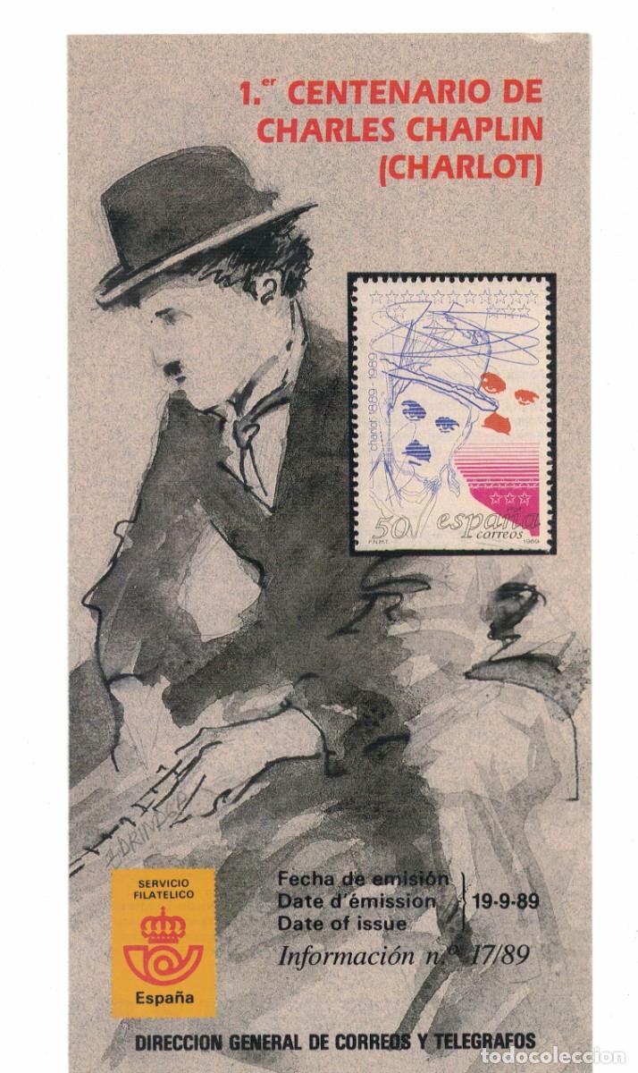 Sellos: D&iacute;ptico informativo sello 1.er Centenario de Charles Chaplin (Charlot) 1989 Correos Espa&ntilde;a