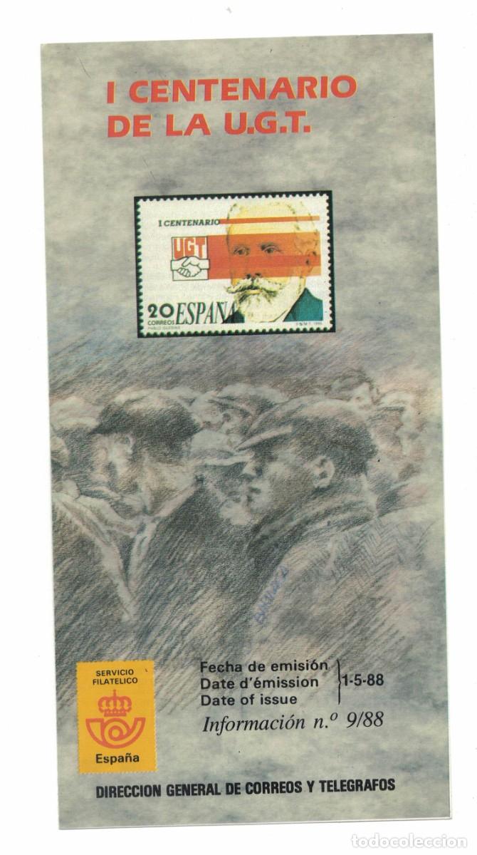 Sellos: D&iacute;ptico informativo sello I Centenario de la U.G.T. 1988 Correos Espa&ntilde;a