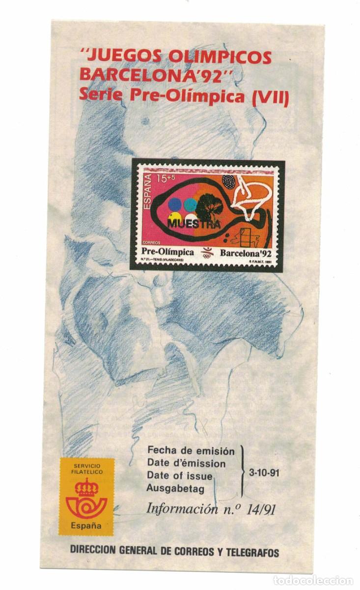 Sellos: D&iacute;ptico informativo sello Juegos Ol&iacute;mpicos Barcelona &rsquo;92 Serie Pre‑Ol&iacute;mpica (VII) 1991 Correos