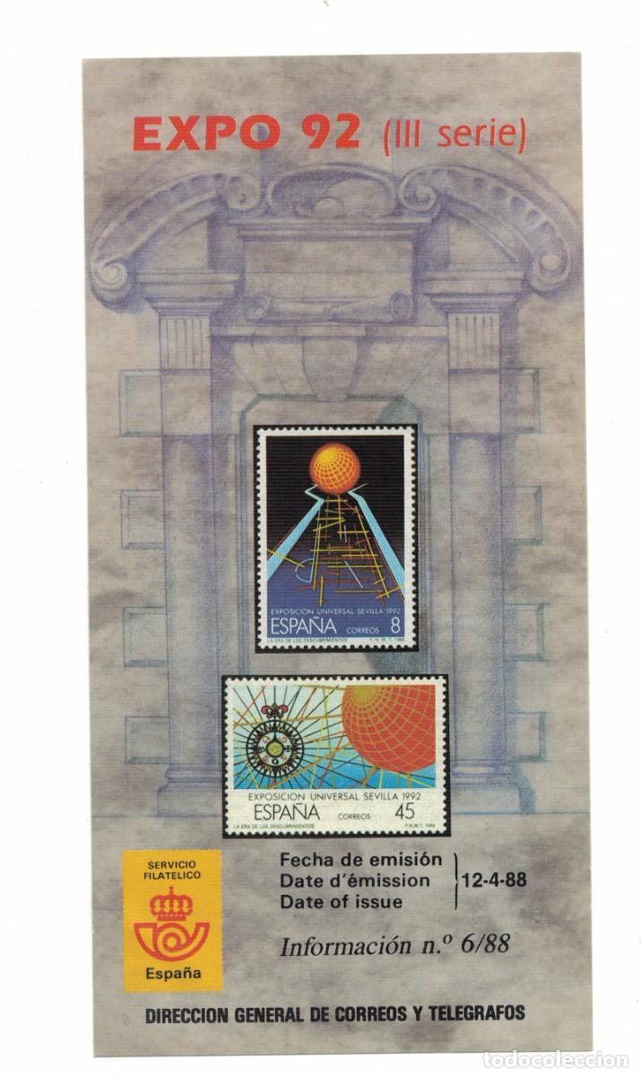 Sellos: D&iacute;ptico informativo sellos Expo 92 (III serie) Exposici&oacute;n Universal Sevilla 1988 Correos Espa&ntilde;a