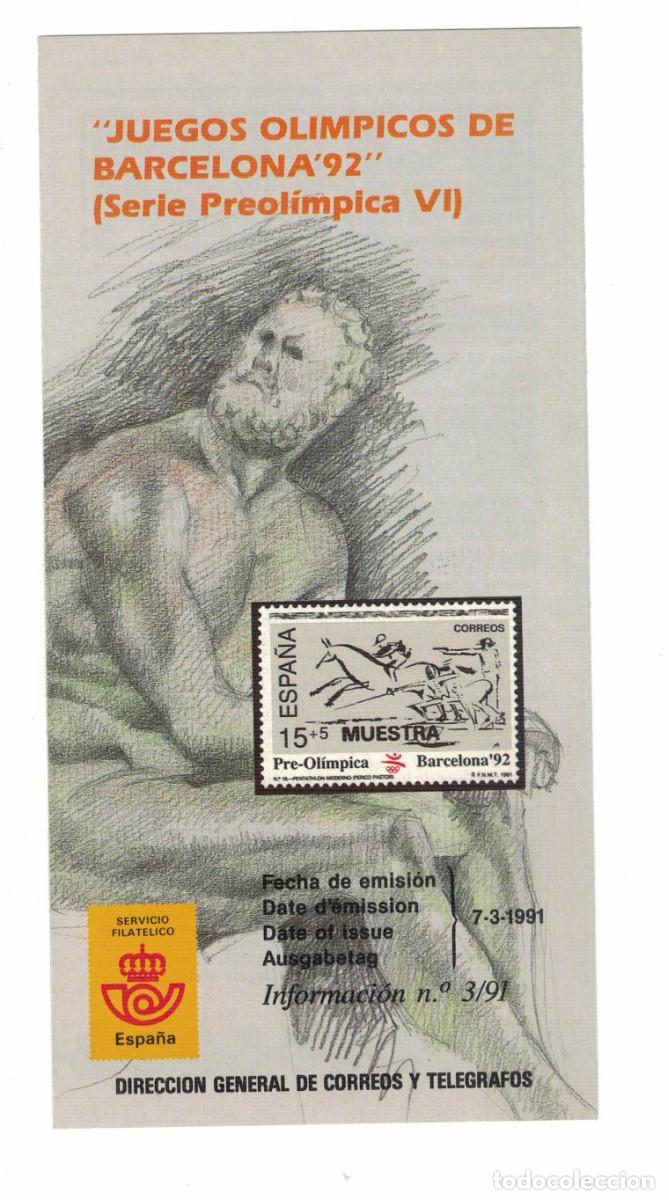 Sellos: D&iacute;ptico informativo sello Juegos Ol&iacute;mpicos Barcelona &rsquo;92 Serie Preol&iacute;mpica VI 1991 Correos Espa&ntilde;a
