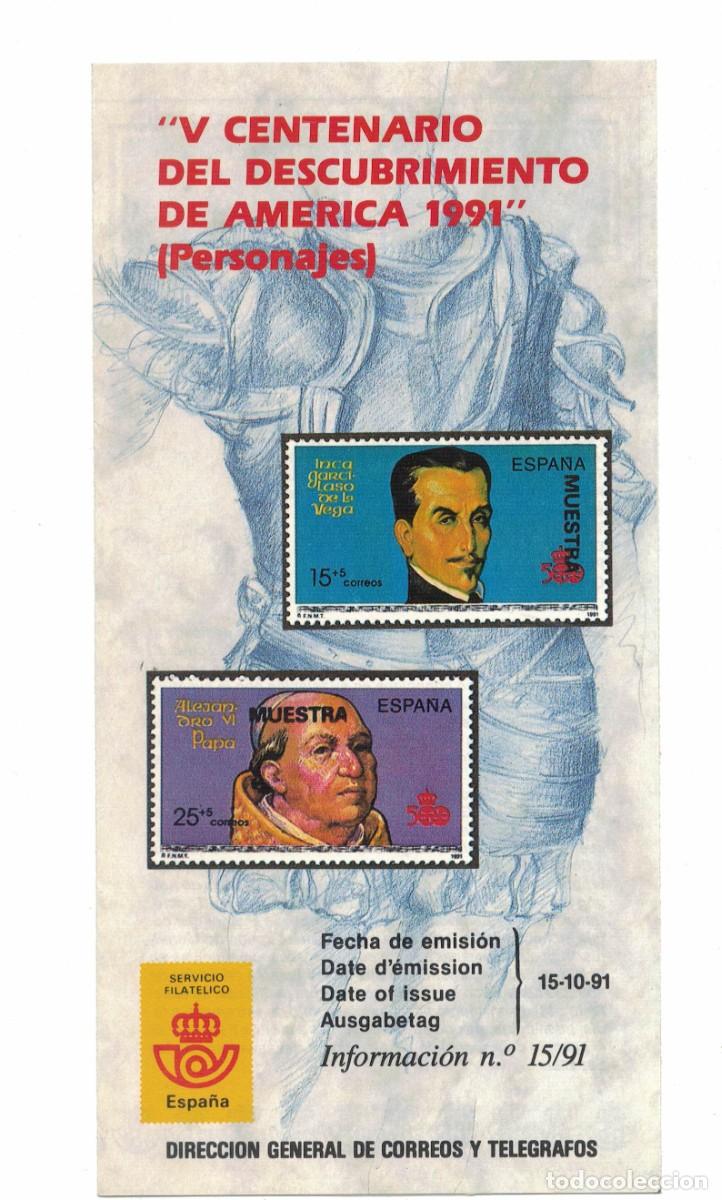 Sellos: D&iacute;ptico informativo sellos V Centenario Descubrimiento de Am&eacute;rica 1991 Personajes Correos Espa&ntilde;a