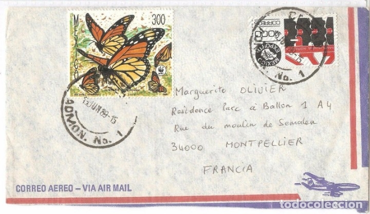 Sellos: SOBRE MEXICO-MONTPELLIER,1989. - Foto 1