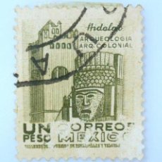 Sellos: SELLO POSTAL ANTIGUO MÉXICO 1958 1 PESO CABEZA TALLADA Y CONVENTO - ARQUEOLOGÍA HIDALGO