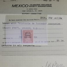 Sellos: O) 1914 MEXICO, COAT OF ARMS VICTORIA DE TORREON ABRIL 2 1914 OVERPRINT, SCT 367 YELLOW BROWN- O. G