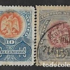 Sellos: SE)1899 MEXICO COAT OF ARMS, AGUILITA 10C SCT 298 & 15C SCT 299, USED