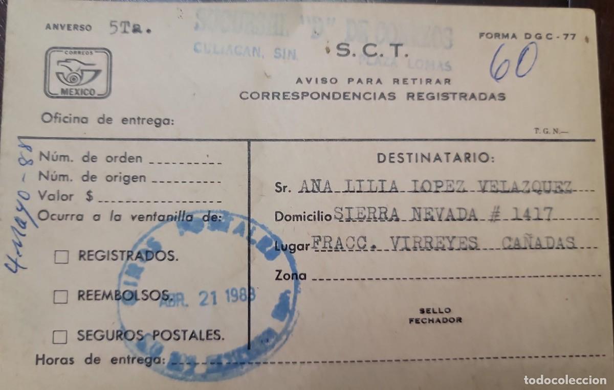 Sellos: O) MEXICO, DOCUMENT FOR REGISTERING CORRESPONDENCE. SCT. - Foto 1