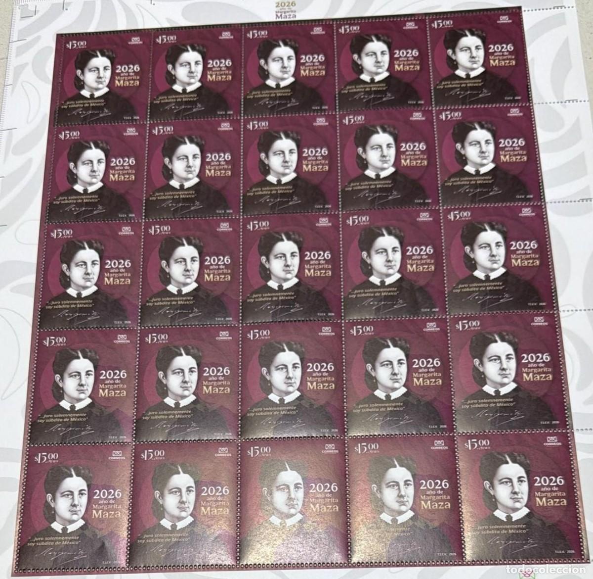 Sellos: O) 2026 MEXICO, MARGARITA MAZA, ACTIVIST DIPLOMAT AND WIFE OF PRESIDENT BENITO JUAREZ, FIRST LADY O