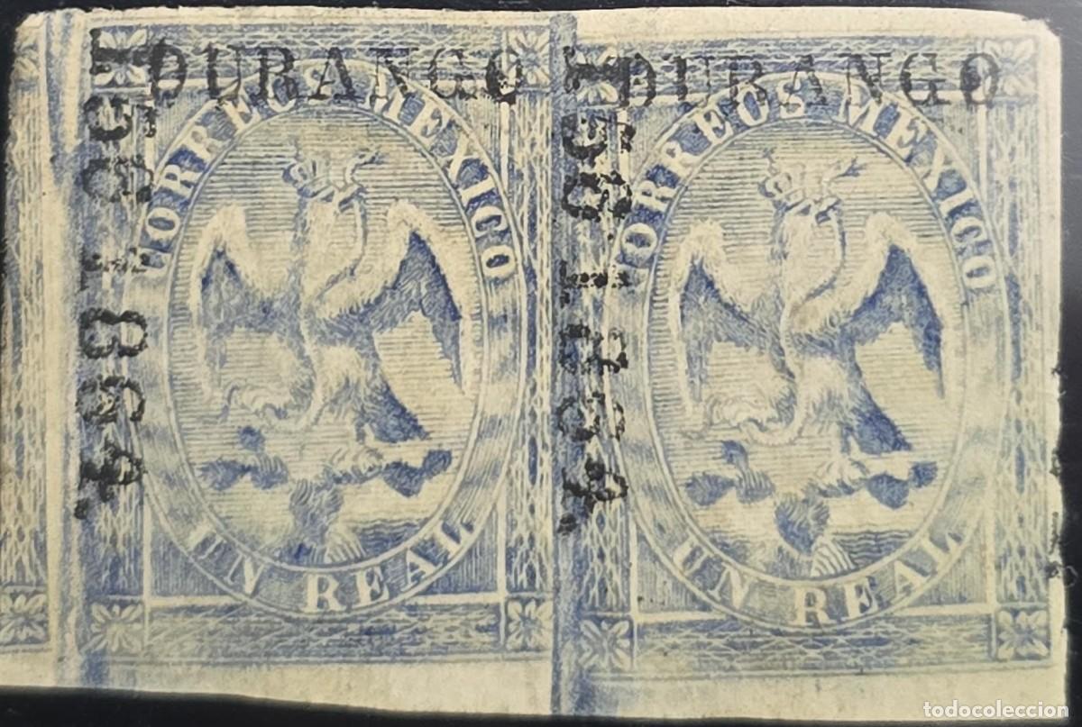 Sellos: O) 1864 MEXICO, COAT OF ARMS - IMPERIAL EAGLE UN REAL, PAIR, WITH OVERPRINT OF DISTRICT NAME DURAN