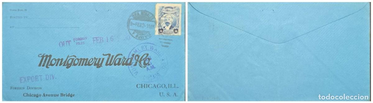 Sellos: O) MEXICO, GUAYMAS, F. I. MADERO 10c, MONGOMERY WARD, CIRCULATED TO USA