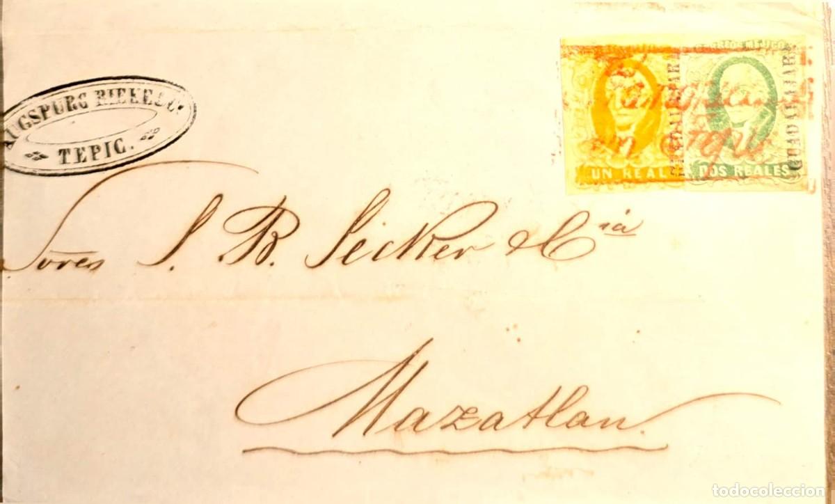 Sellos: O) MEXICO, GUADALAJARA, OVERPRINT DISTRICT, FRANQUEADO EN TEPIC, AUGSPURGS RIEKEL AND Co. TEPIC, M
