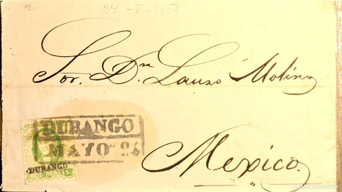 Sellos: O) 1858 MEXICO, DURANGO, BOX CANCELLATION, DOUBLE LINE, MIGUEL HIDALGO 2 reales green, CIRCULATED CO