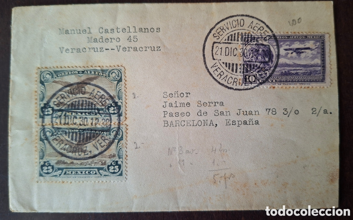 Francobolli: Carta enviada de M&eacute;xico a Barcelona Servicio aereo 1930